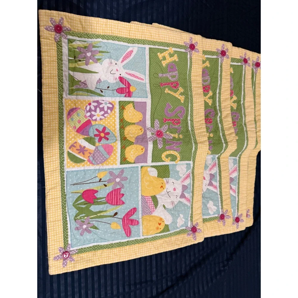 Set of 4 Easter Quilted Placemats Happy Spring Bunny Chick Eggs Gingham Yellow